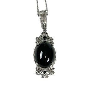 Sterling Silver 925 Black Onyx  Cabochon Pendant Necklace Scroll Filigree New